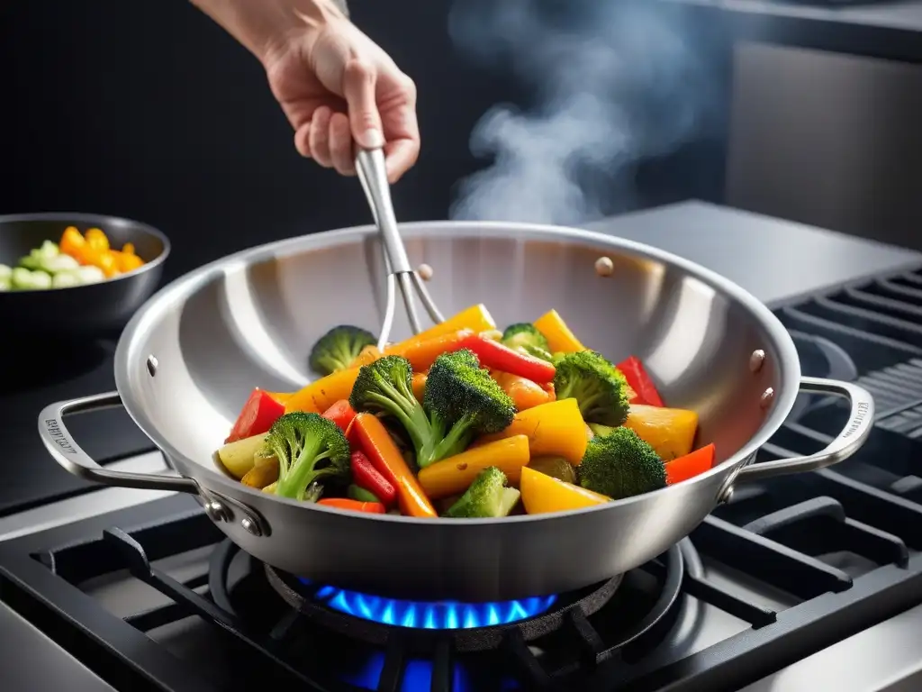 Un cautivador wok de acero inoxidable con verduras crujientes sabor vegano, en una cocina moderna