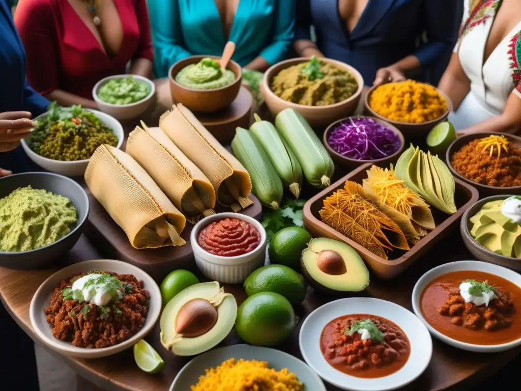 Celebración comunitaria alrededor de una mesa llena de tamales veganos recetas Latinoamérica, decorada con colores vibrantes