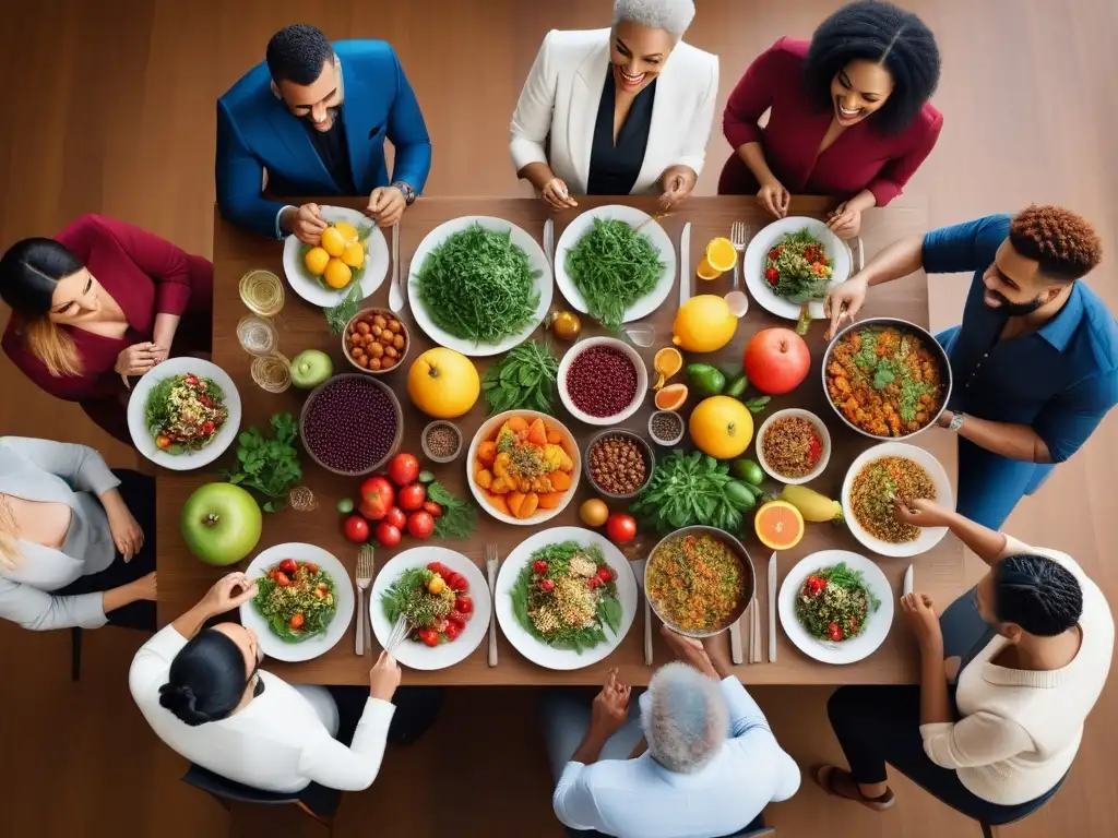 Celebración de diversidad y comunidad en una mesa vegana