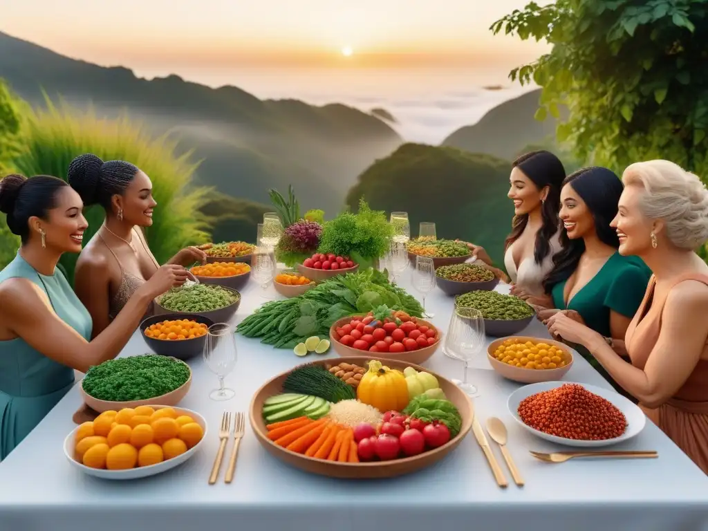 Celebración de la importancia de la nutrición vegana: diversidad en la mesa con alimentos coloridos, rodeados de naturaleza y comunidad