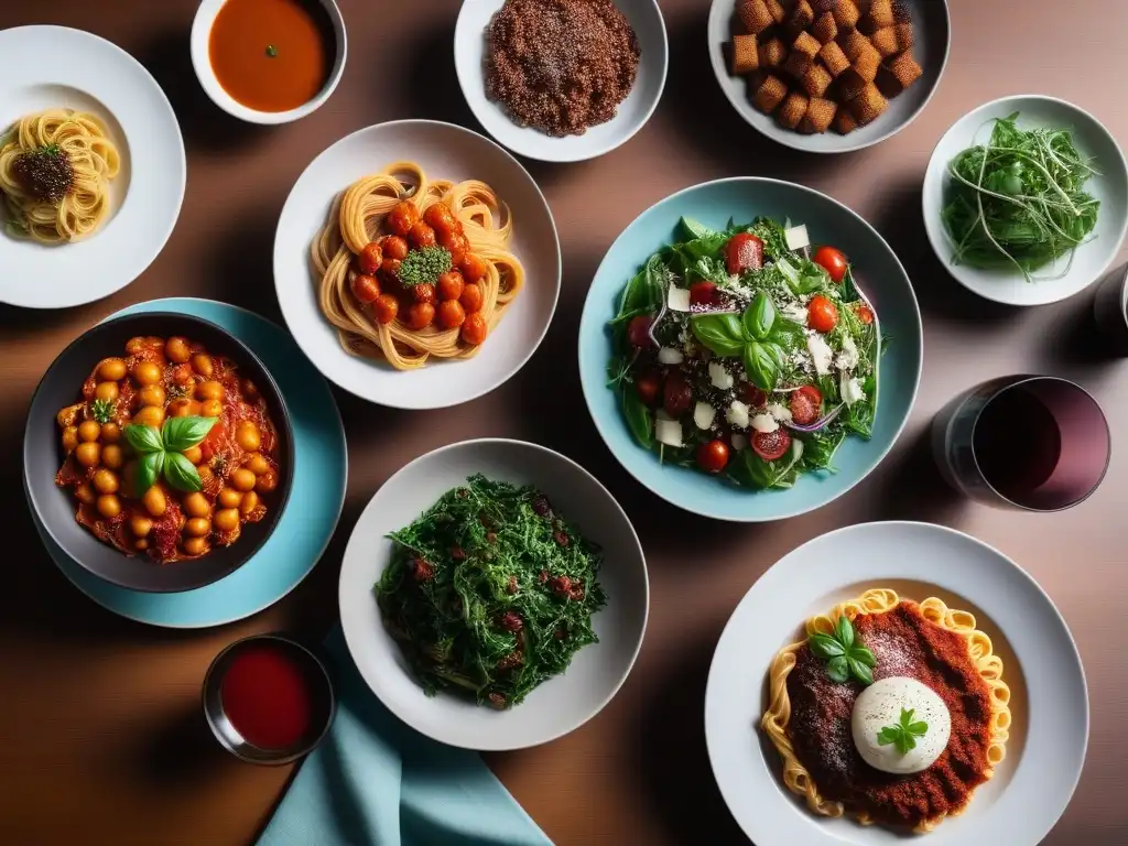 Una cena italiana vegana sin gluten en mesa elegante y moderna