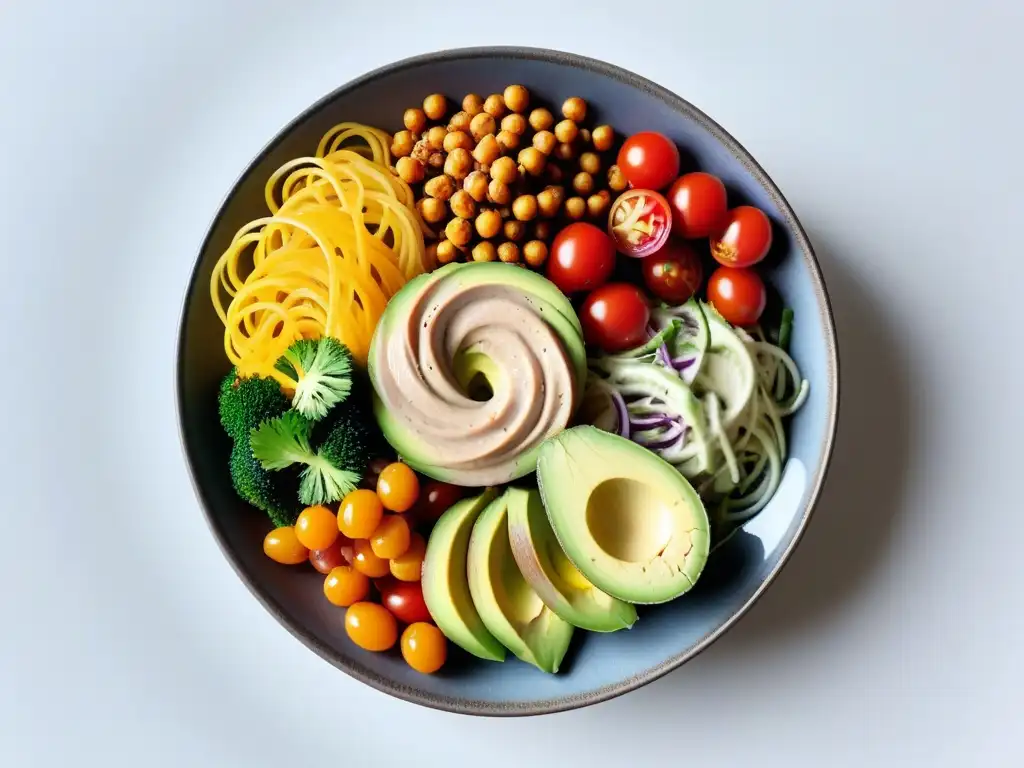 Una cena vegana baja en carbohidratos: Buddha bowl vibrante con verduras, aguacate, tomates cherry y garbanzos en plato cerámico moderno