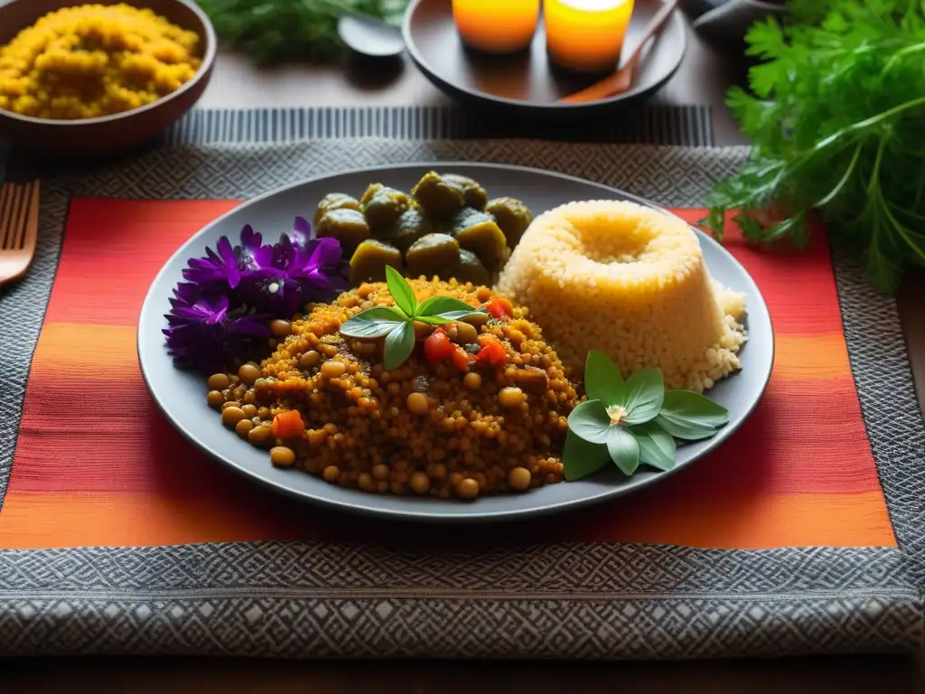 Una cena vegana de cocina africana: sabores variados en un ambiente cálido con velas y decoración colorida