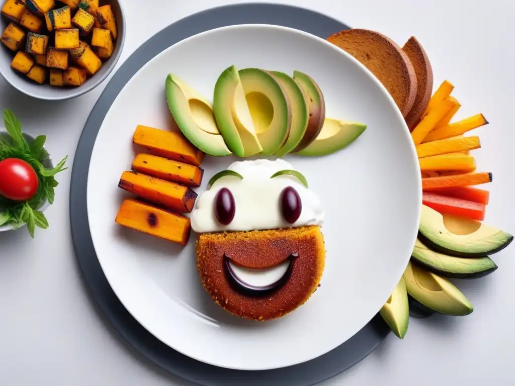 Una cena vegana divertida para niños con brochetas de verduras arcoíris, papas fritas en forma de animales, tostadas de aguacate y brochetas de frutas, en un plato blanco sobre fondo claro