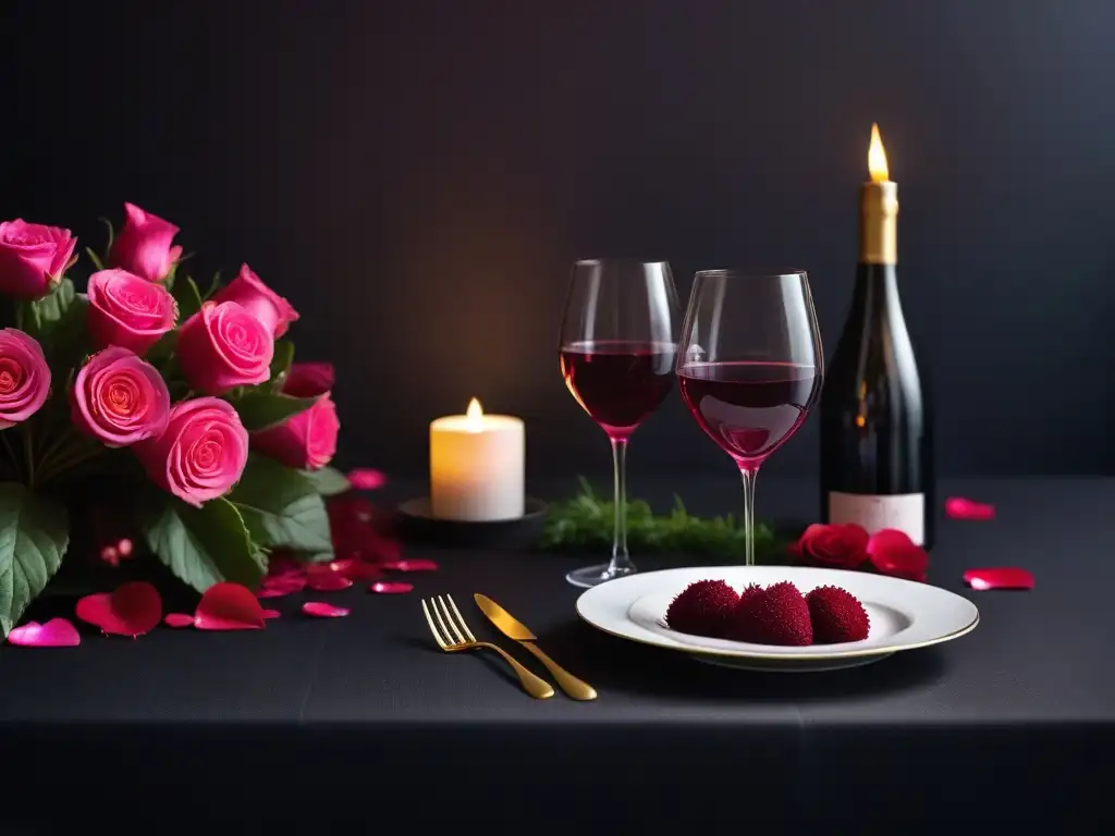 Una cena de San Valentín vegana en un entorno romántico con cócteles rosados y pétalos de rosa