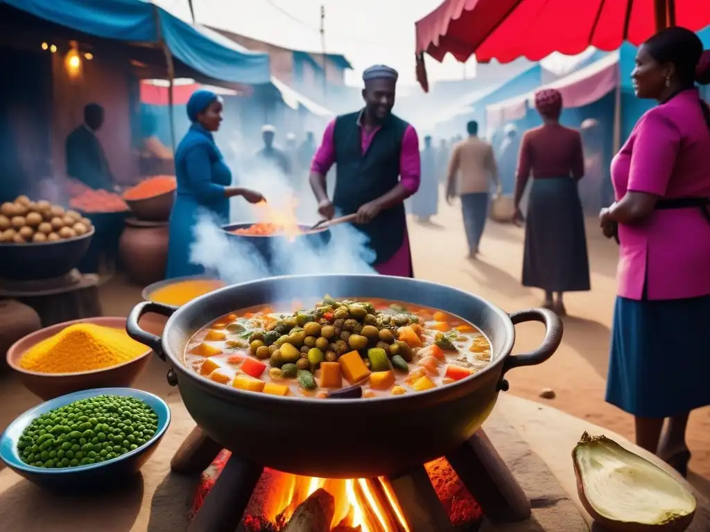 Una cena vegana inspirada en África: un guiso colorido y vibrante cocinando en una olla de barro sobre fuego