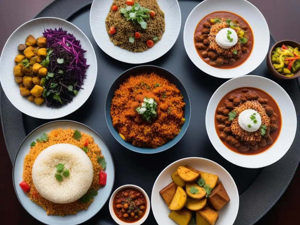 Una cena vegana inspirada en África con platos coloridos y vibrantes, invitando a disfrutar la rica gastronomía africana