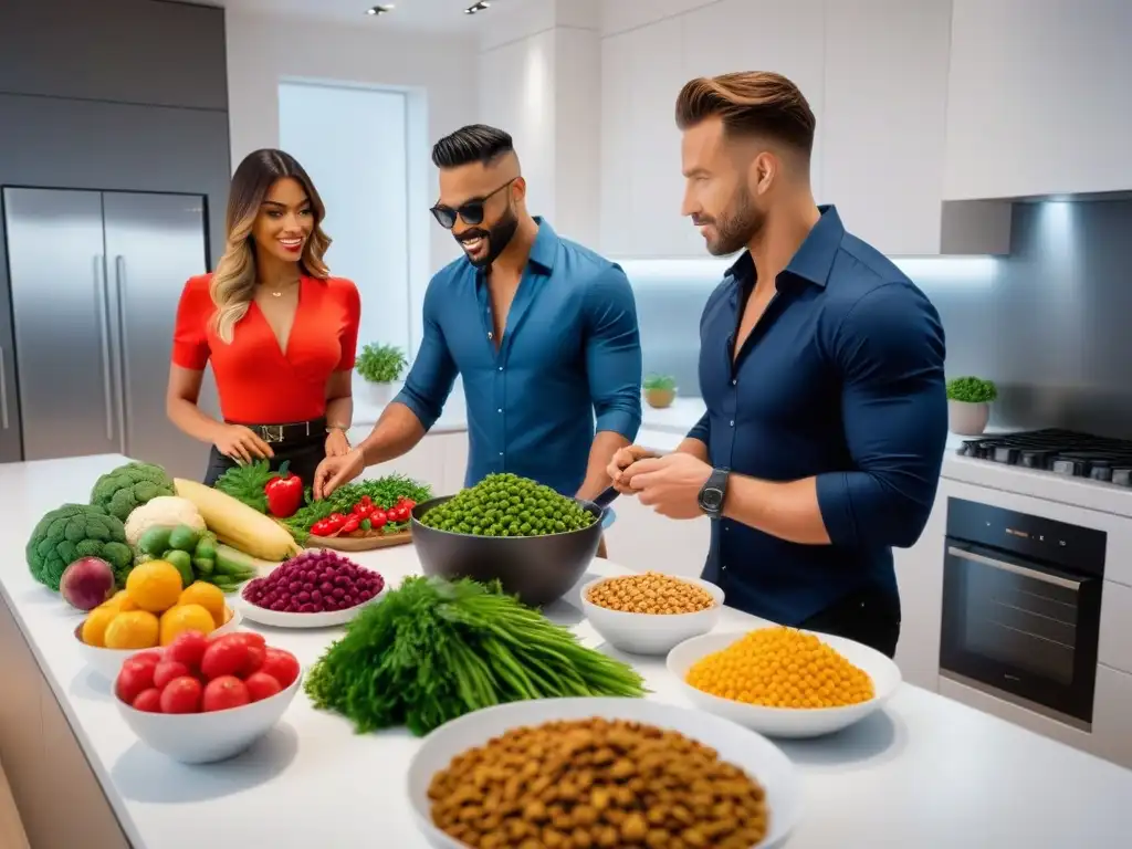 Una cena vegana llena de color y nutrientes en una cocina moderna y luminosa, resaltando los Beneficios levadura nutricional vegana