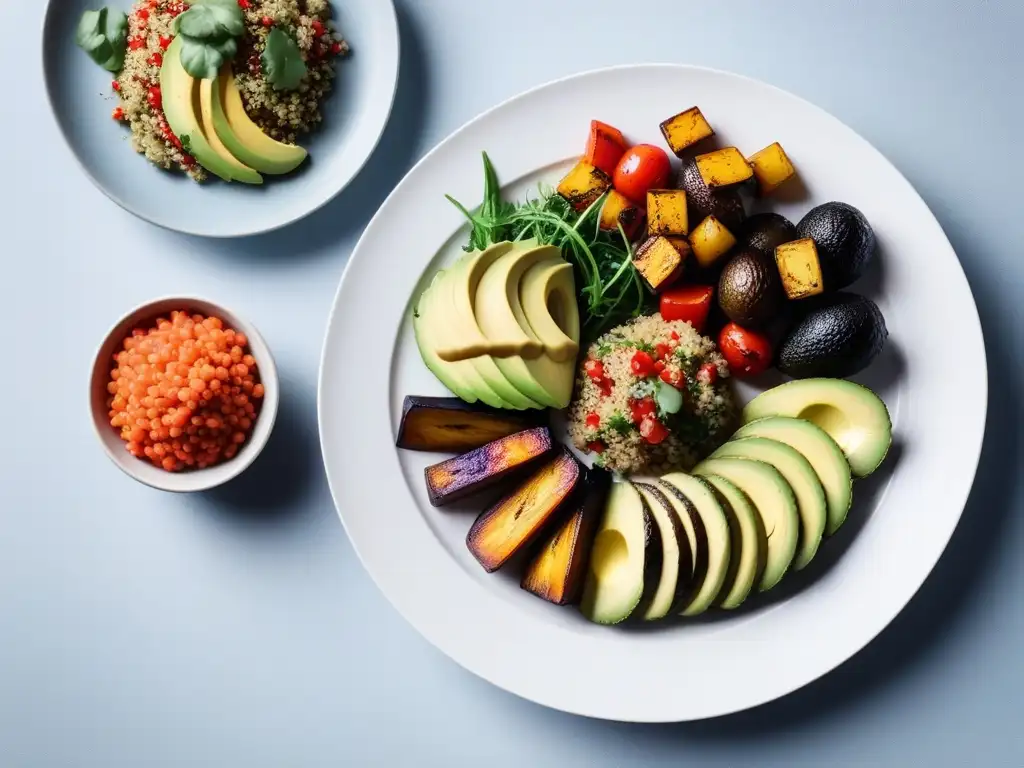 Una cena vegana moderna y colorida con vegetales asados, ensalada de quinoa y aguacate, en un escenario minimalista