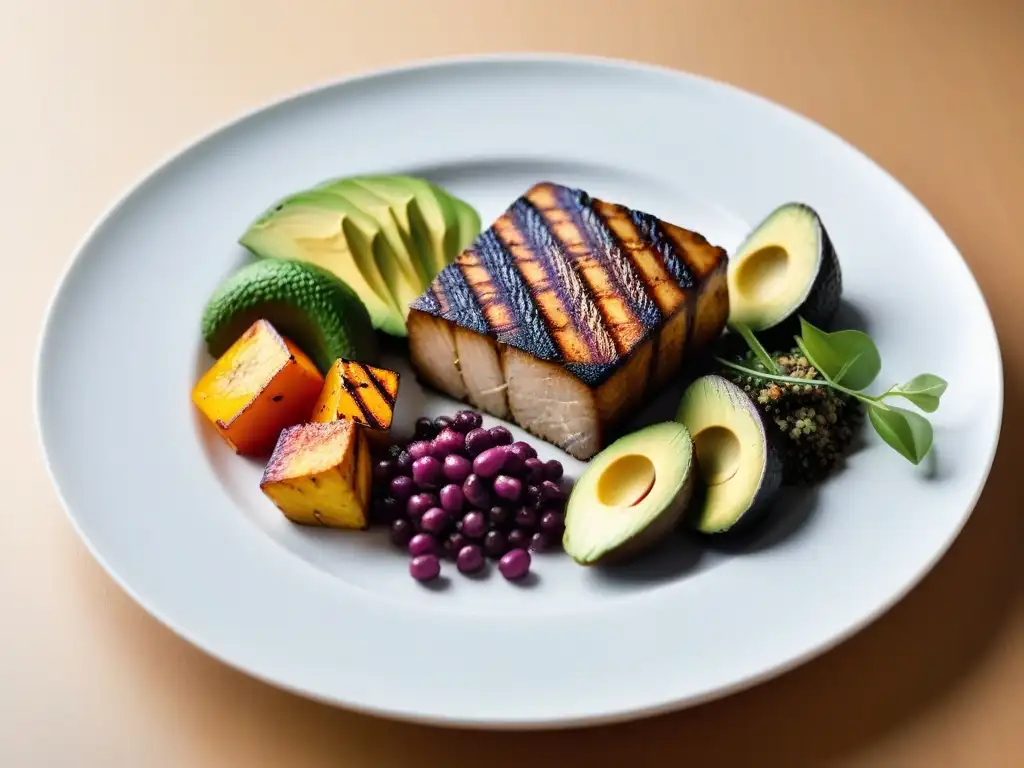 Una cena vegana nutritiva con quinoa, vegetales, aguacate y tofu, presentada en un plato blanco con garnituras coloridas