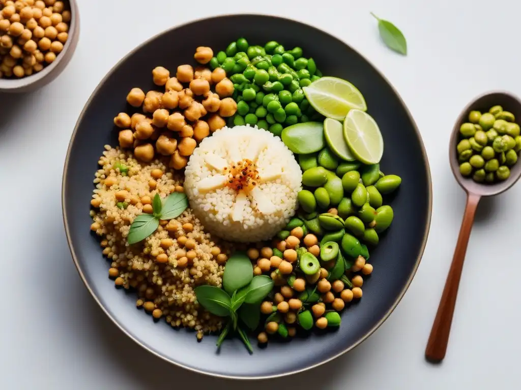 Una cena vegana exquisitamente preparada con una variedad colorida de proteínas vegetales para cenas veganas