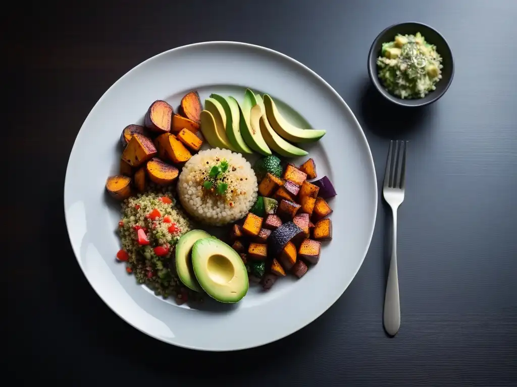 Una cena vegana bellamente presentada con revuelto de verduras, ensalada de quinua, aguacate y batatas asadas