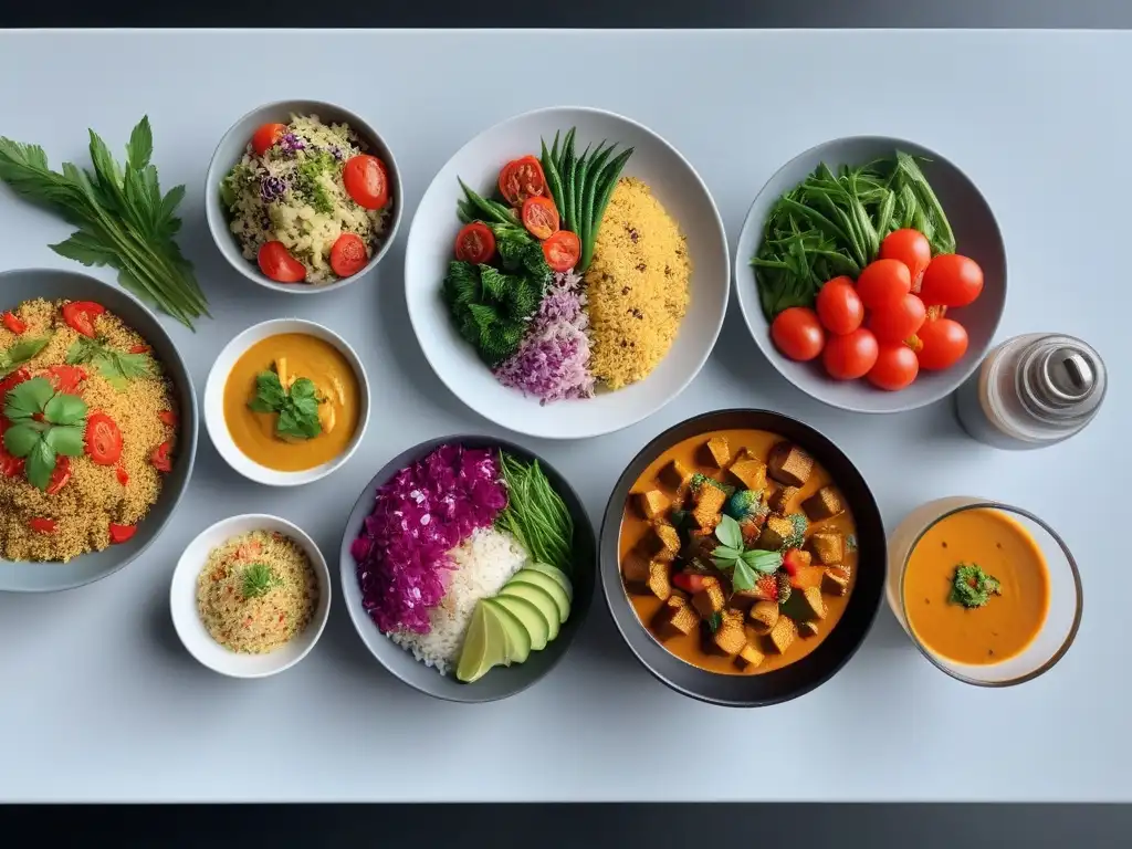 Una cena vegana rápida y deliciosa en mesa moderna con variedad de platos coloridos y vibrantes