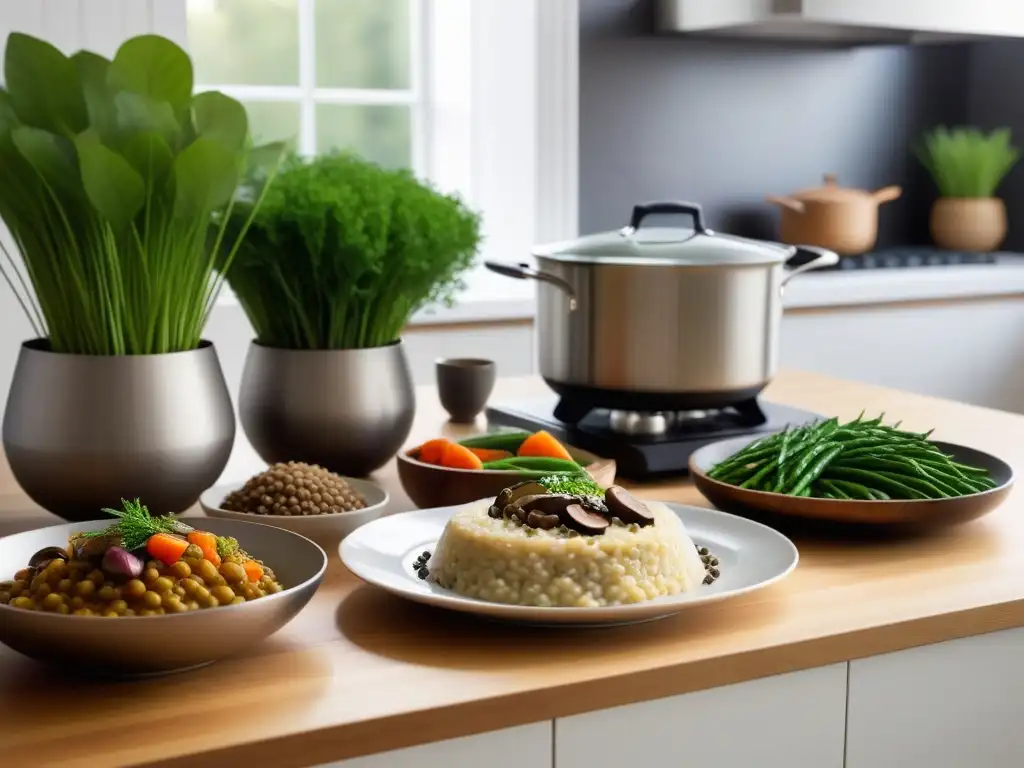 Una cena vegana reconfortante en una acogedora cocina iluminada, con risotto de champiñones, guiso de lentejas y bandeja de verduras asadas