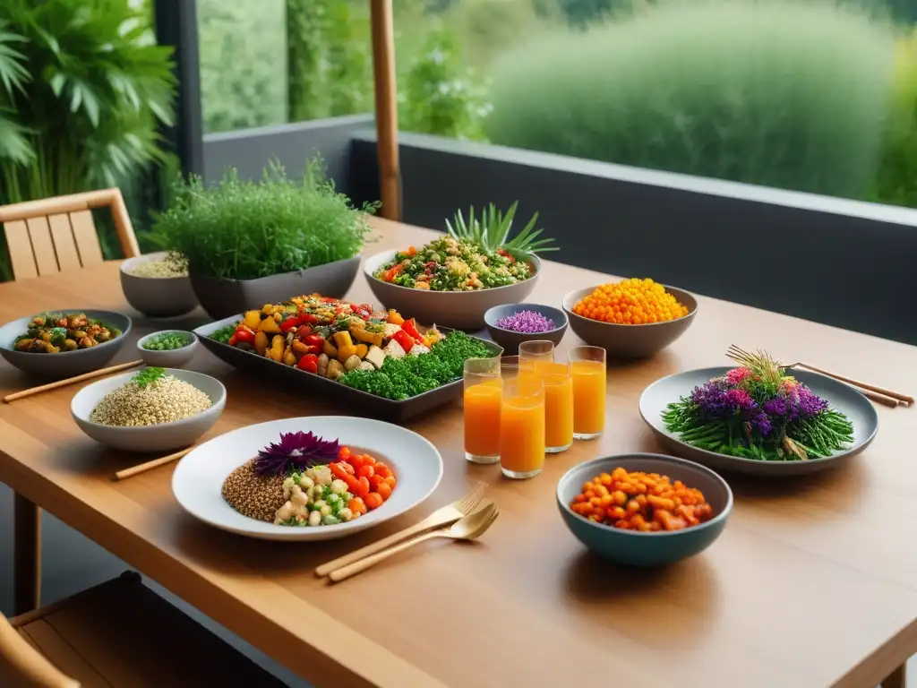 Una cena vegana sostenible en un elegante comedor con vista a un jardín verde