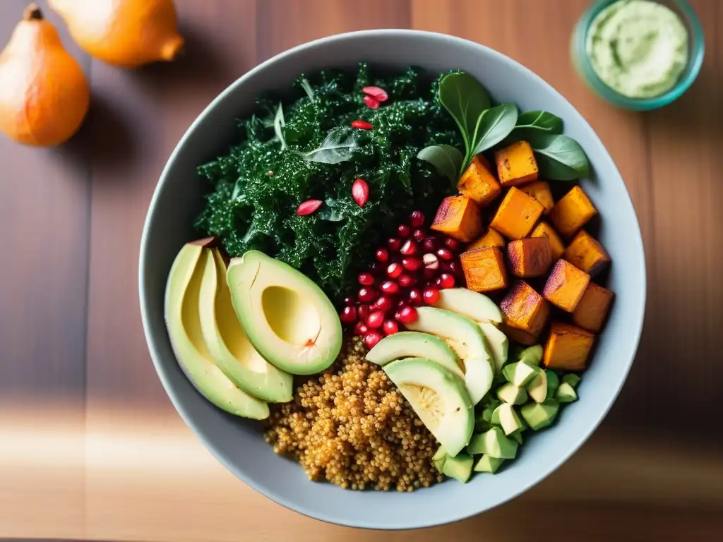 Deliciosa cena vegana con superalimentos Una cena vegana con superalimentos, colorida y apetitosa, servida en un bowl artísticamente presentado