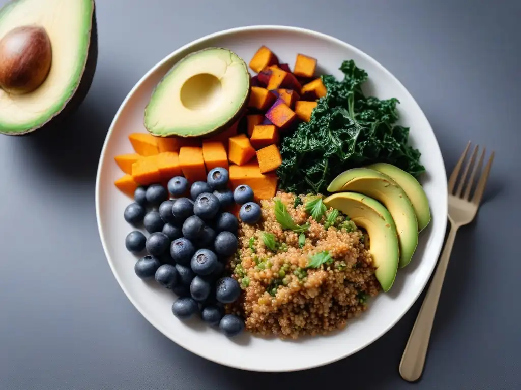 Diseño vegano: Cena colorida y saludable Una cena vegana con superalimentos en un plato colorido y fresco