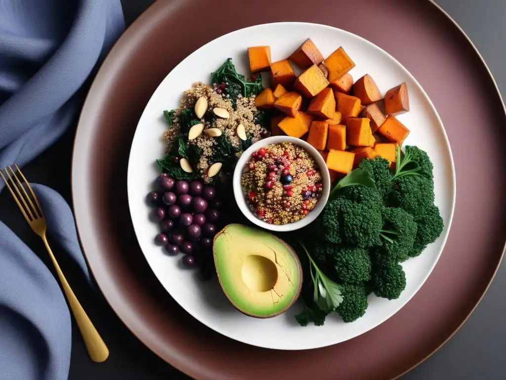 Delicioso plato vegano: superalimentos vibrantes y coloridos Una cena vegana con superalimentos vibrante y moderna, llena de colores y nutrientes frescos