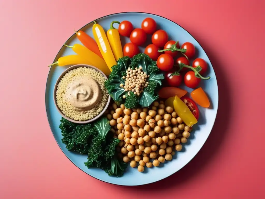 Una cena vegana vibrante con proteínas vegetales para cenas veganas, colorida y detallada, en un elegante plato moderno