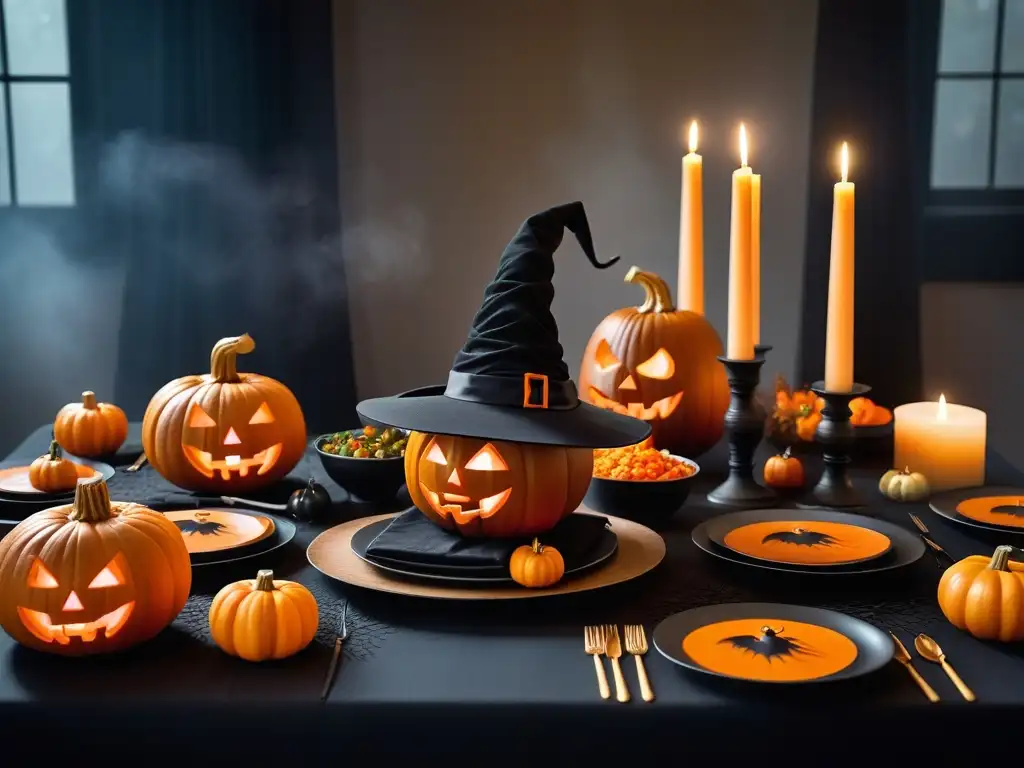 Cenas veganas Halloween recetas: Mesa decorada con calabazas talladas y platillos terroríficos