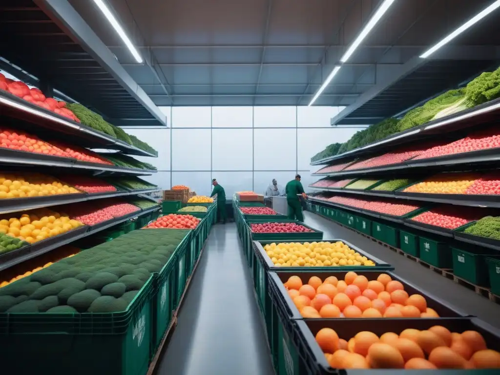 Un centro bullicioso de distribución de alimentos veganos con cintas transportadoras llenas de cajas de frutas y verduras frescas, productos a base de plantas ordenados en estantes y trabajadores en uniformes ecológicos organizando pedidos eficientemente para su entrega