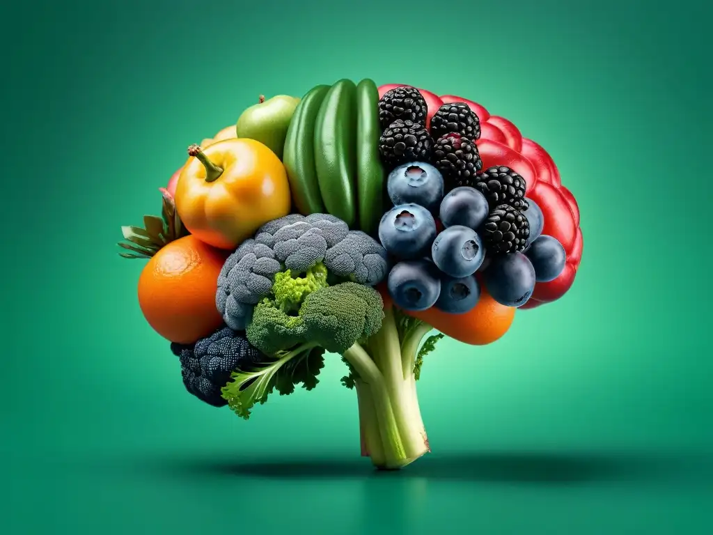 Un cerebro futurista hecho de frutas y verduras vibrantes, simbolizando suplementos veganos cerebro nutrición premium