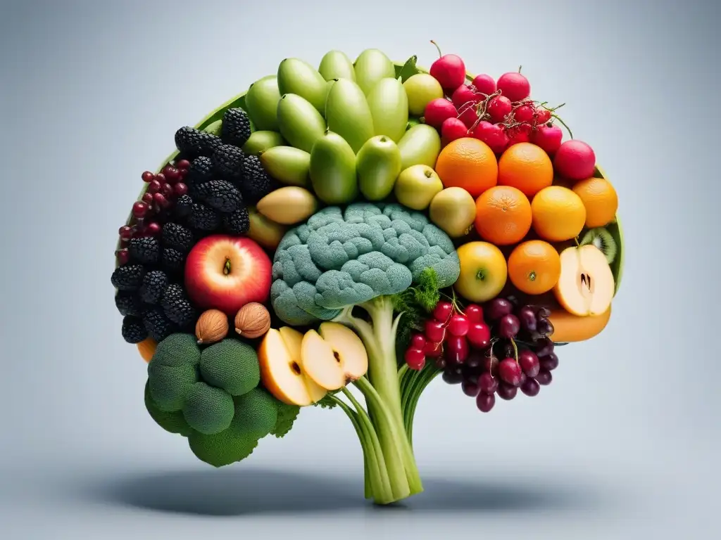 Un cerebro vibrante y colorido de frutas y verduras frescas, simbolizando la salud cerebral con dieta vegana