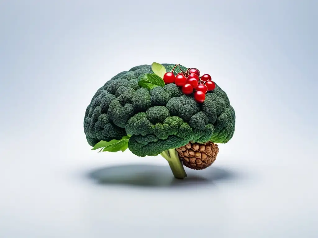 Un cerebro vibrante y moderno hecho de alimentos veganos coloridos, como aguacates, nueces, bayas y semillas, simbolizando la nutrición premium para el cerebro