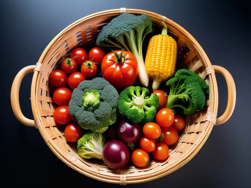 Una cesta de bambú llena de verduras vibrantes y coloridas, perfectamente cortadas, en una atmósfera etérea de vapor