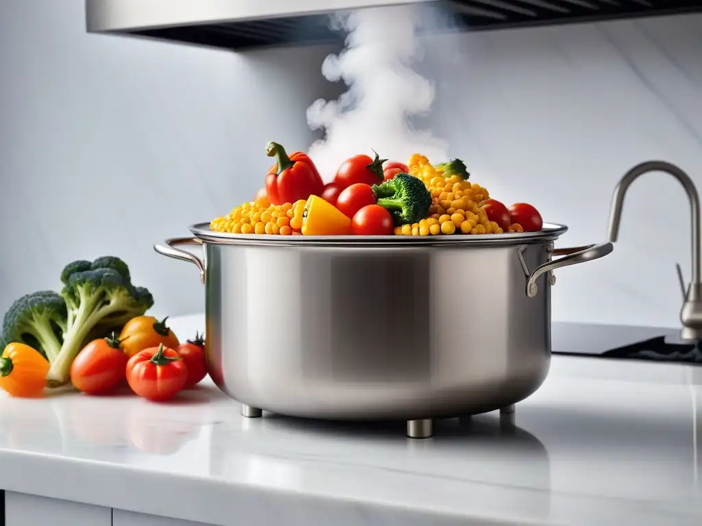 Una cesta de vapor de bambú llena de vegetales coloridos en una cocina moderna