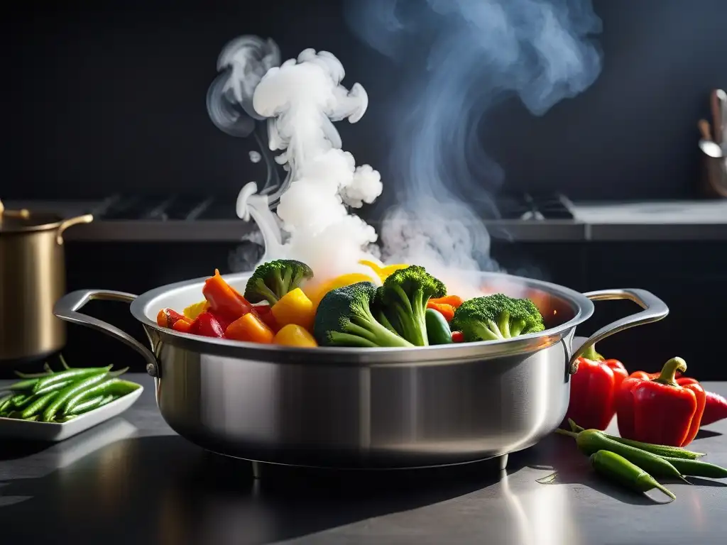 Una cesta de vapor llena de vegetales coloridos, en una cocina moderna