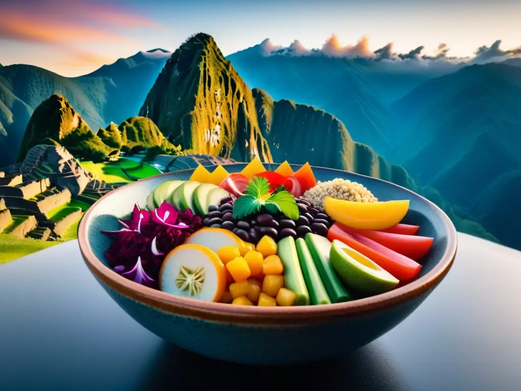 Un ceviche vegano en Perú: una obra de arte culinaria que fusiona sabores peruanos en un entorno mágico en Machu Picchu al atardecer