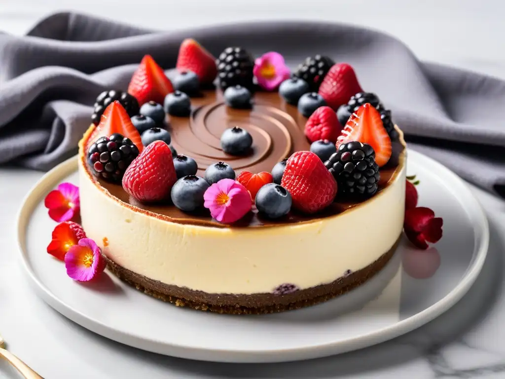 Un cheesecake vegano estilo americano decadente con chocolate, crema batida sin lácteos, frutas frescas y flores comestibles