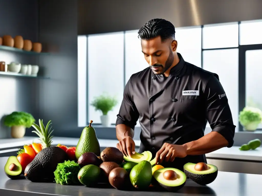 Un chef corta un aguacate en una cocina llena de frutas y verduras frescas, ideal para un taller de cocina vegana saludable