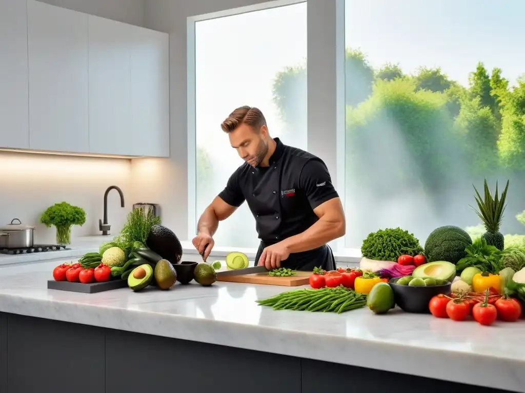 Un chef cortando un aguacate en una cocina moderna y vibrante con vegetales frescos, bañada en luz natural