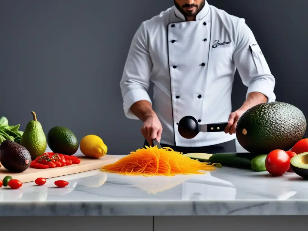 Chef cortando un aguacate en cocina vegana tradicional, beneficios cocina vegana tradicional