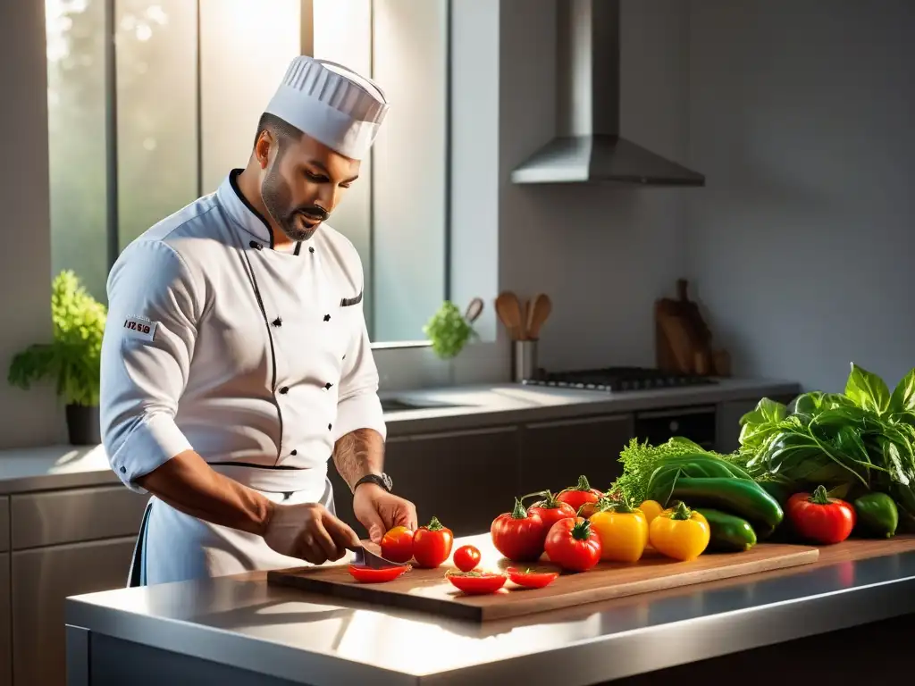 Un chef apasionado prepara ingredientes frescos en una cocina vegana con ingredientes frescos