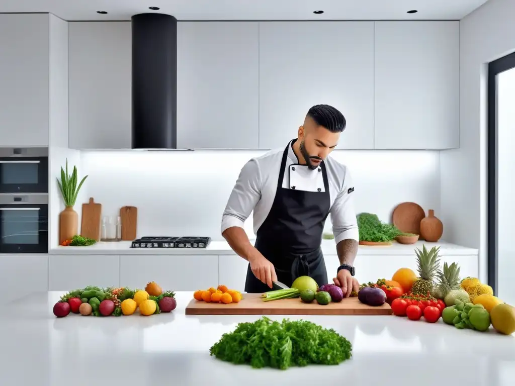 Chef creando en una cocina vegana minimalista, fusionando minimalismo y creatividad