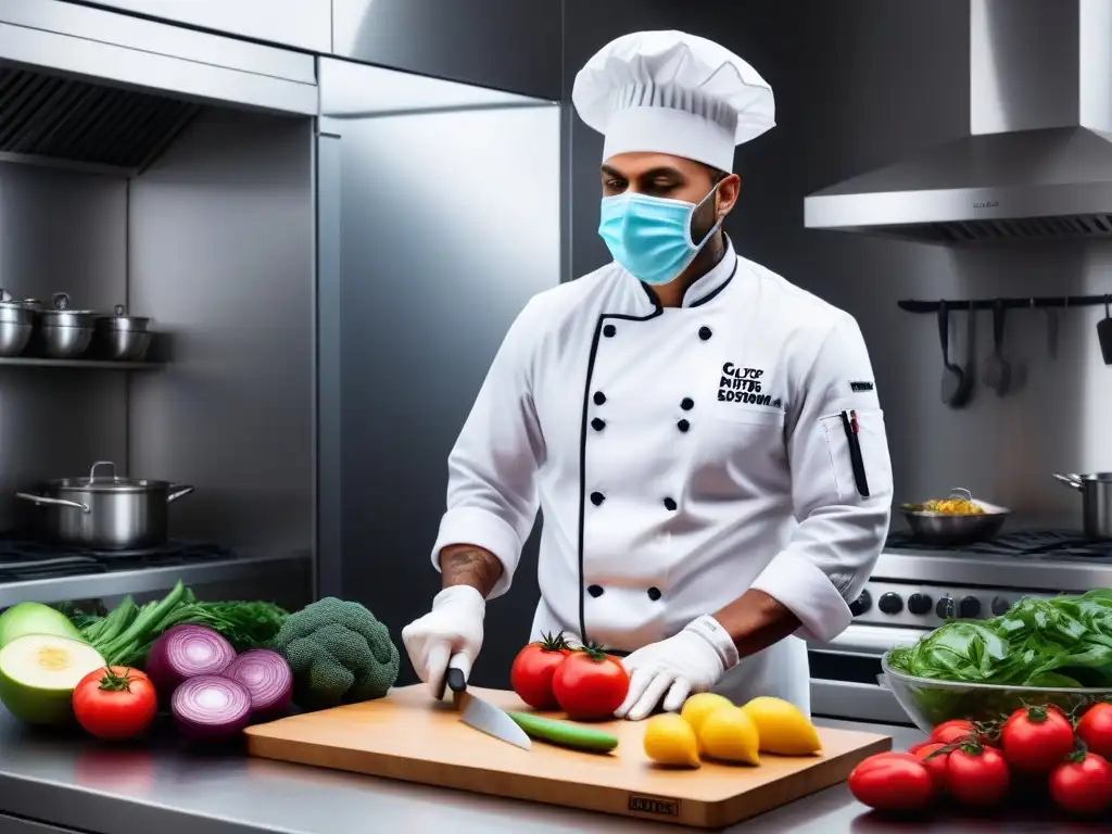 Chef en cocina vegana organizada, previniendo la contaminación cruzada con utensilios y tablas separadas