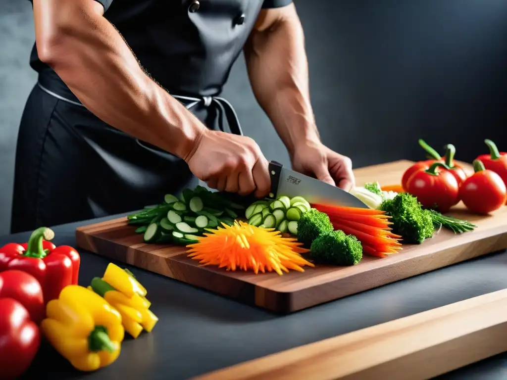 Un chef corta expertamente una colorida variedad de vegetales frescos en una tabla moderna, destacando las técnicas de corte en cocina vegana