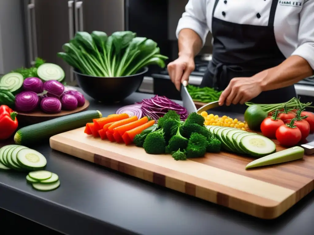 Un chef corta ingredientes en una cocina vibrante, organizada y eficiente