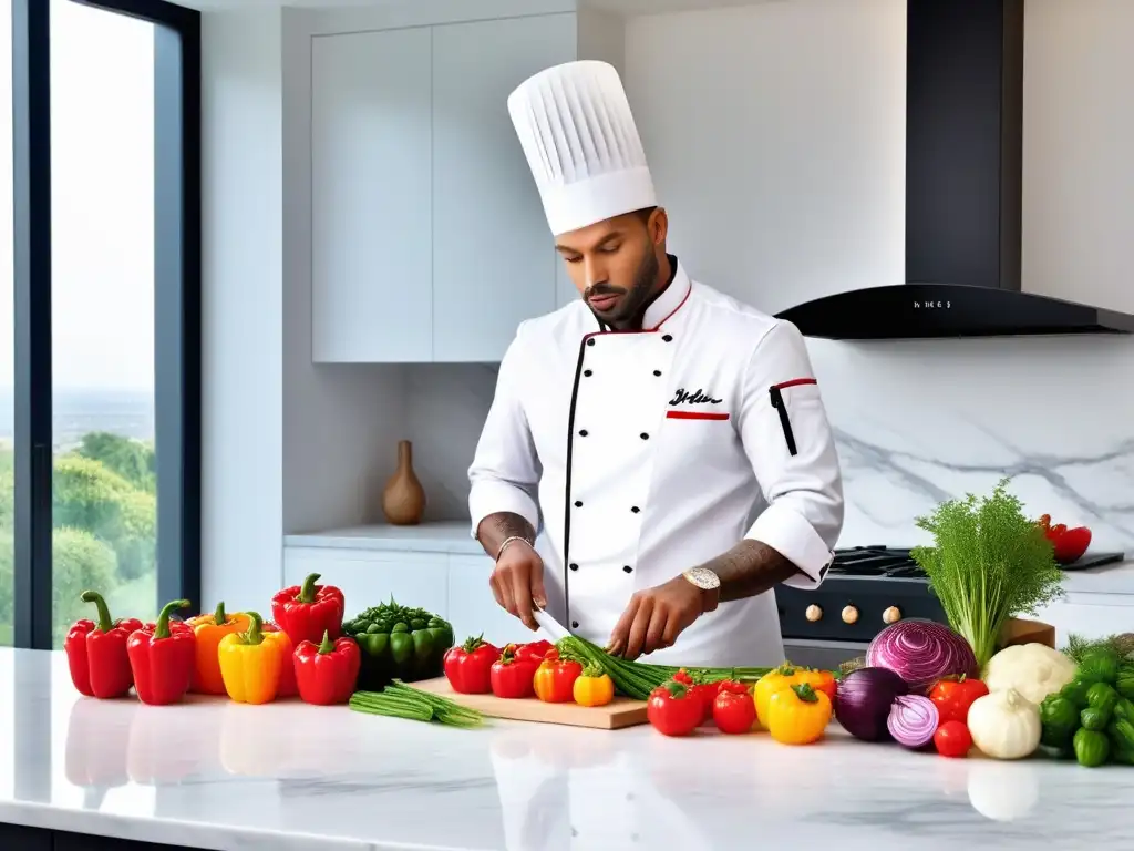 Un chef corta pimientos rojos en una cocina vibrante y moderna