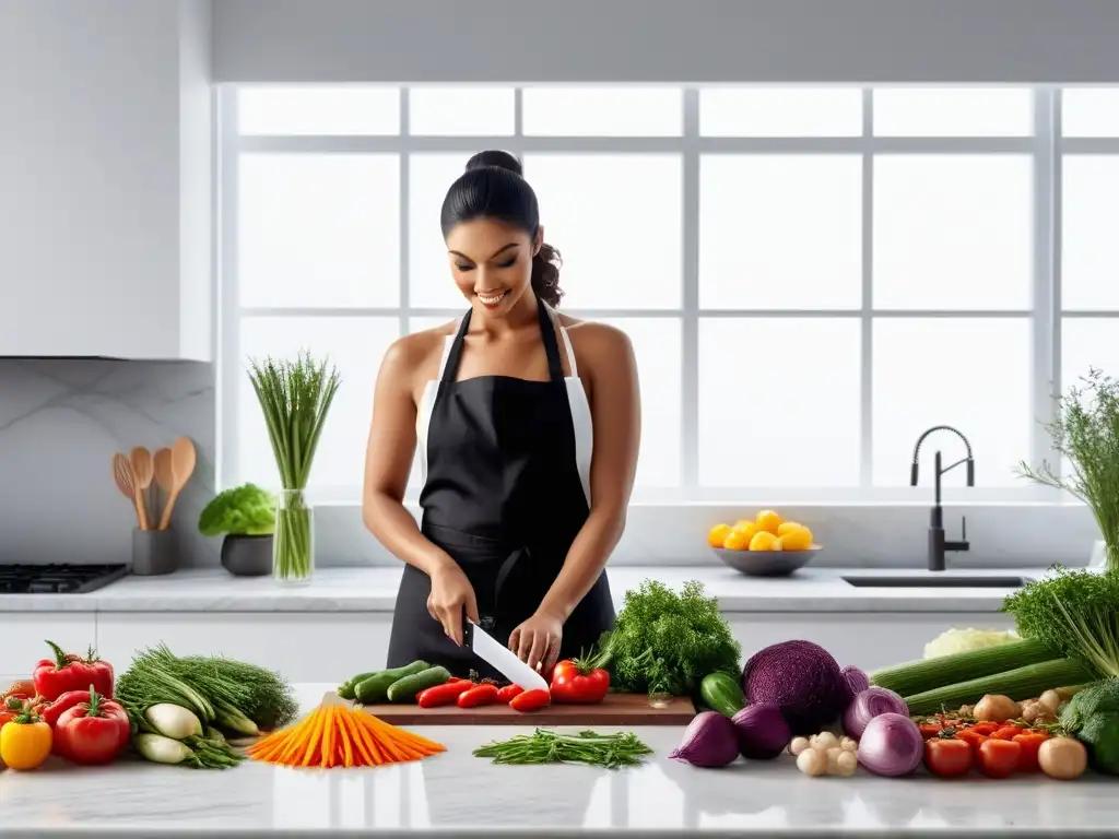 Un chef corta verduras en una cocina moderna y vibrante