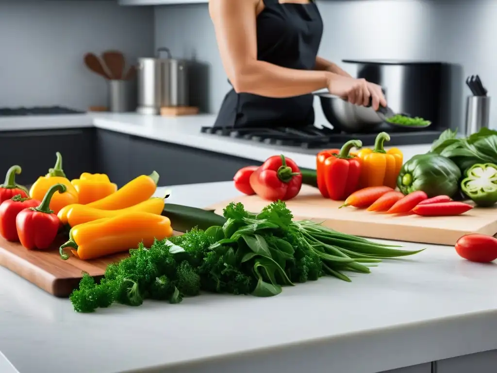 Un chef corta verduras frescas en una cocina moderna para recetas cocina vegana rápida