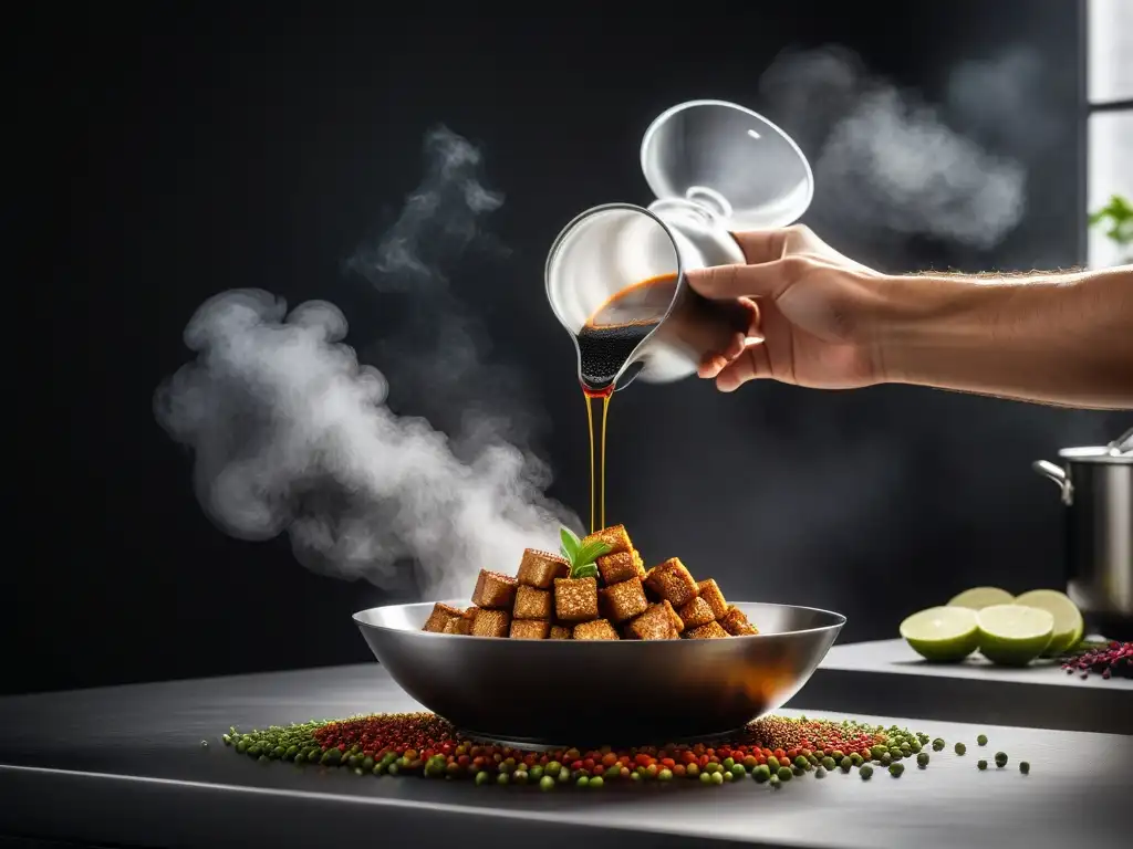 Un chef marina cubos de tempeh en una mezcla vibrante en una cocina moderna, capturando la creatividad en recetas de cocina vegana con tofu