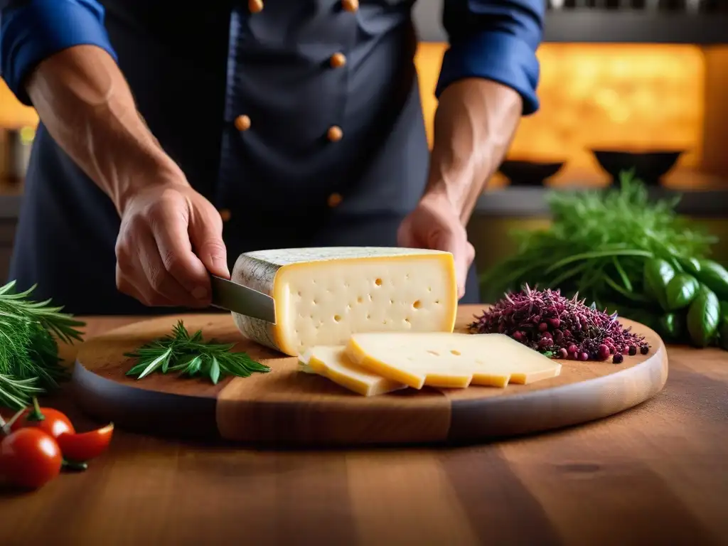 El chef prepara con destreza un exquisito queso Tilsit vegano, rodeado de hierbas frescas y especias coloridas