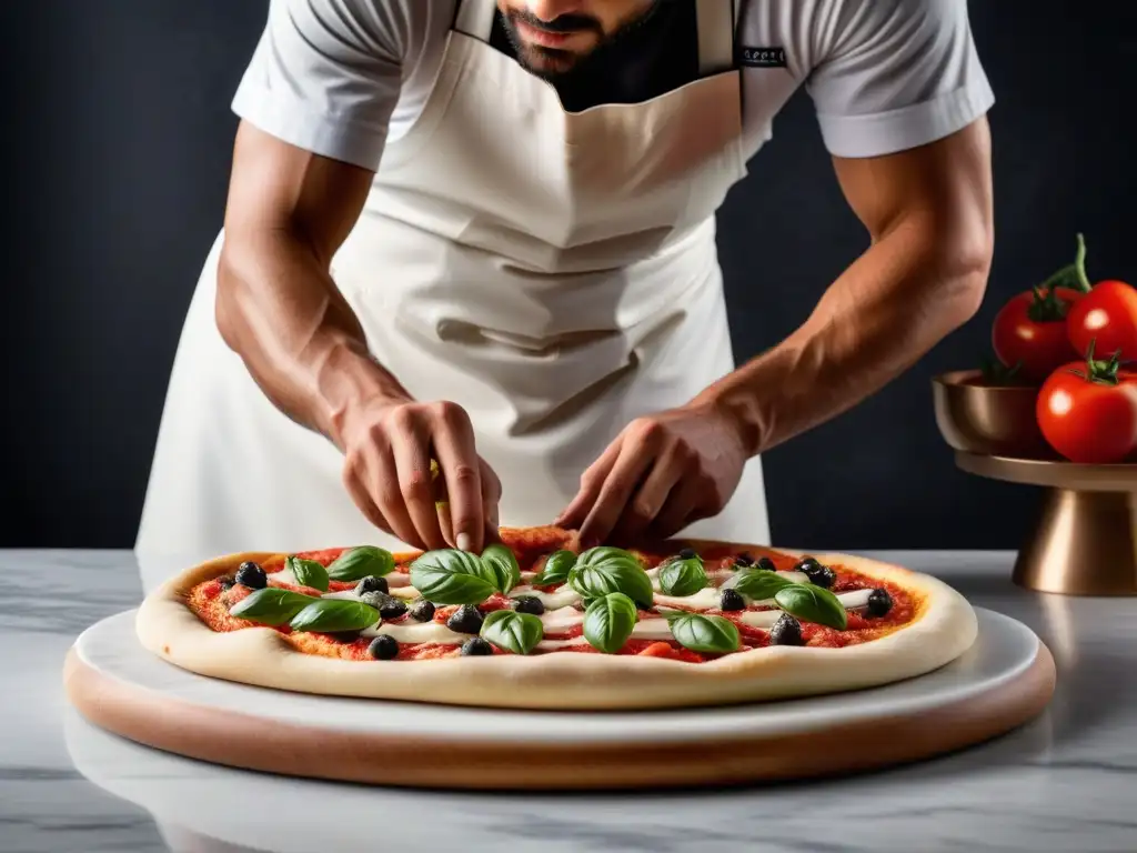 Un chef amasa con detalle la masa de pizza vegana sin gluten en una elegante encimera de mármol