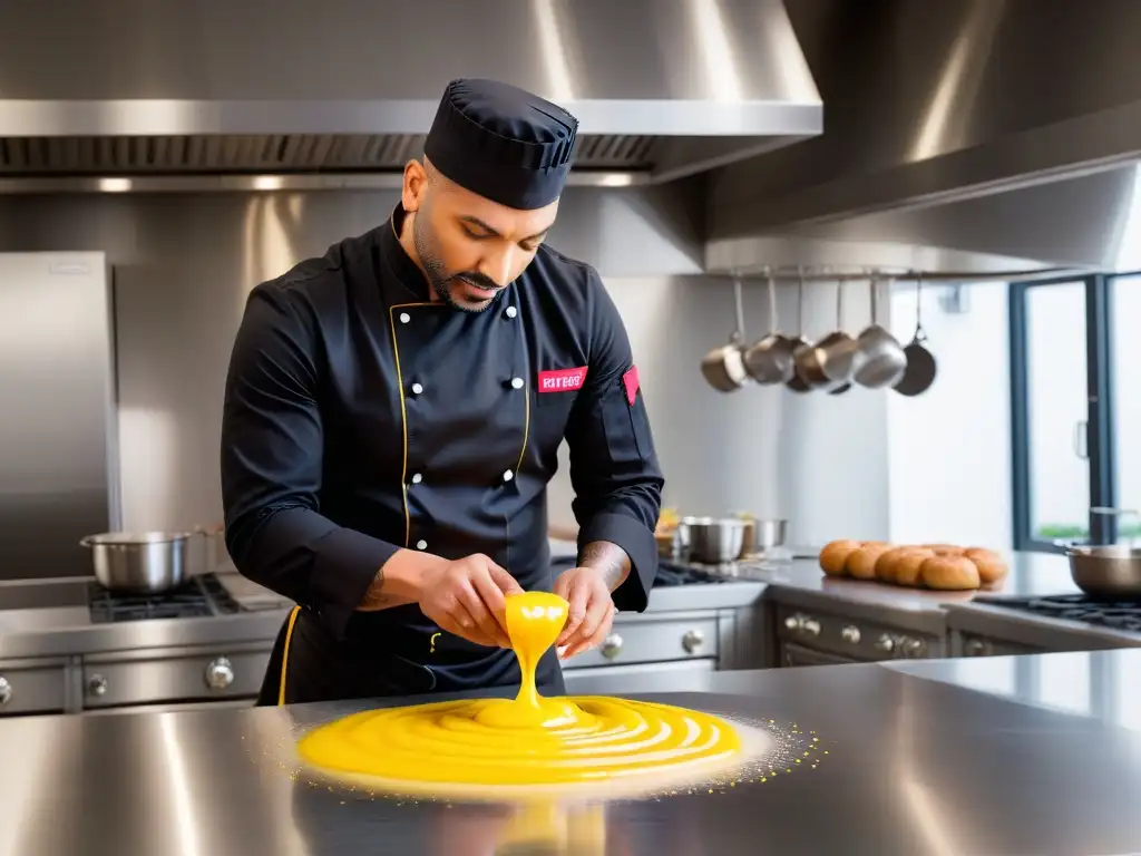 Un chef prepara con precisión donas veganas sin gluten en una cocina moderna y elegante