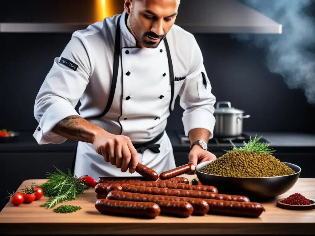 Un chef sazona con esmero salchichas veganas caseras, resaltando hierbas y especias en contraste con las texturas, en una cocina moderna