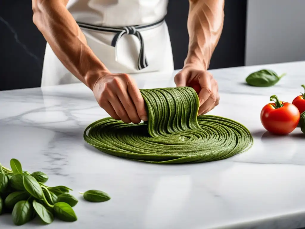 Un chef experto amasa pasta de espinacas con un rodillo vegano en una elegante encimera de mármol